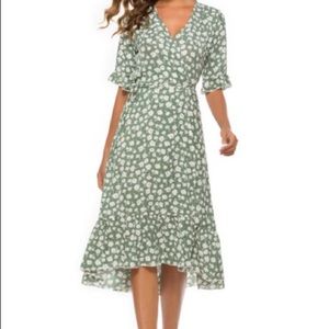 Dusty Printed Ruffle Self Tie Wrap Dress